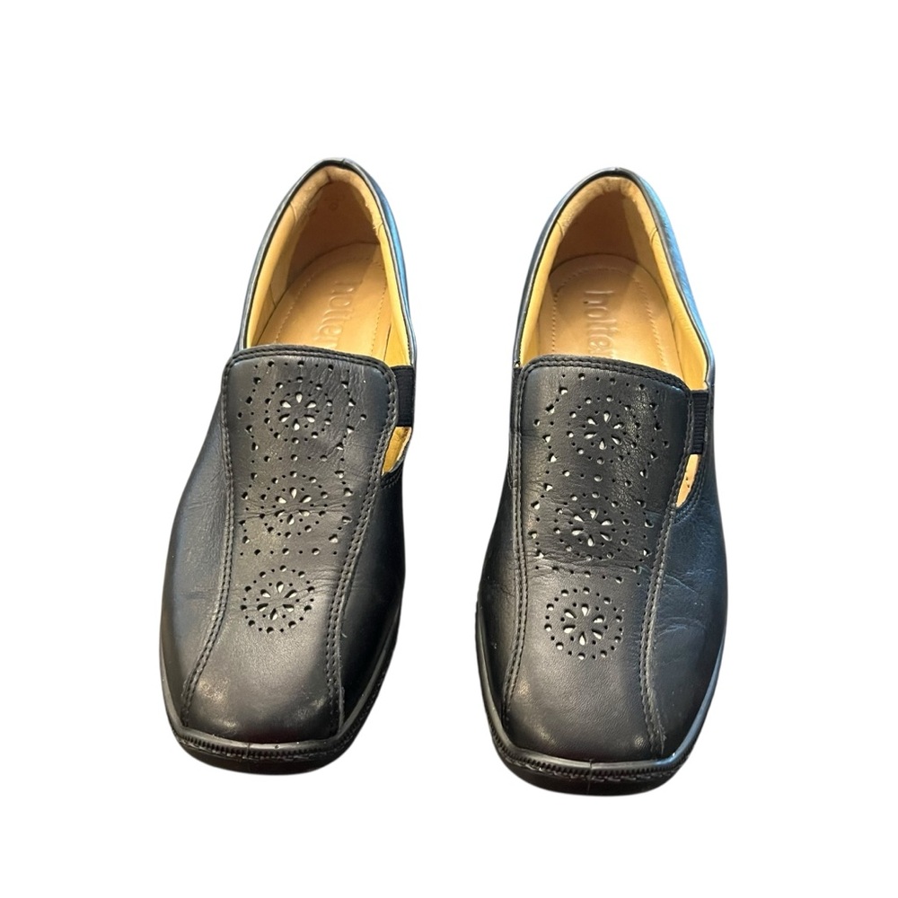 Hotter Slip On Shoes‎ Calypso Size 6.5 Black Leather Comfort Floral NEW Stretch